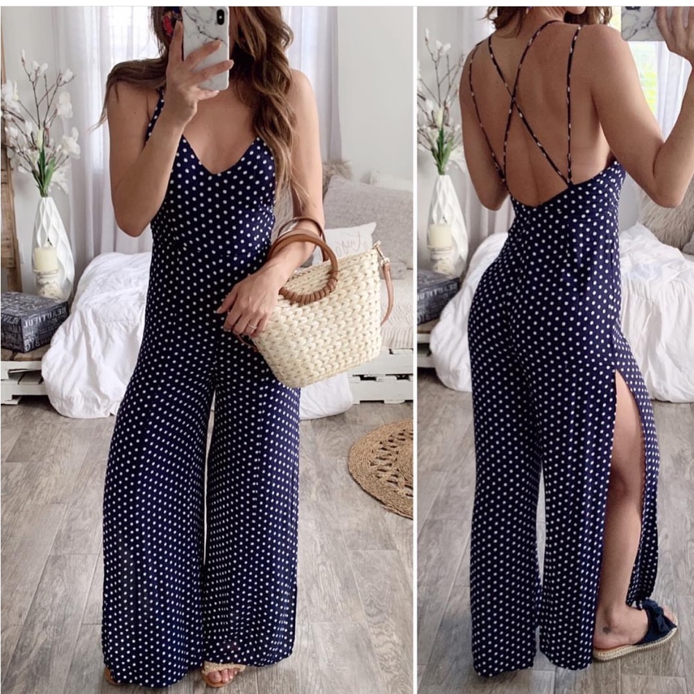 OHM Boutique Navy Polka Dot Jumpsuit